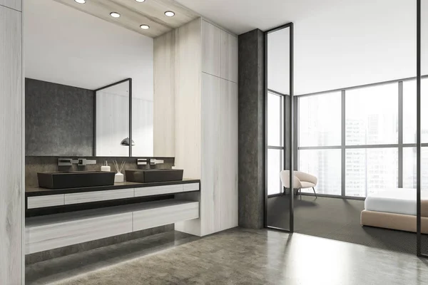 新的豪华住宅里有现代化的浴室卧室 时尚的酒店房间 开放空间区域 木制墙体混凝土地面 3D渲染 — 图库照片
