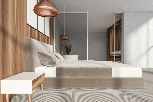 新的豪华住宅里有现代化的浴室卧室 时尚的酒店房间 设有3张海报的休憩用地 把它弄坏了白色浴缸 3D渲染 — 图库照片