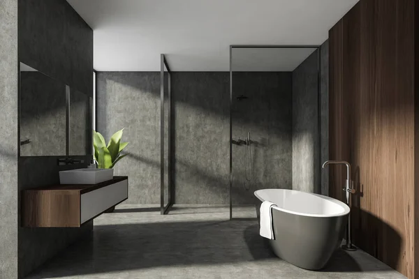 새로운 럭셔리 하우스의 현대적 공간입니다 콘크리트로 욕조와 샤워기 막이요 렌더링 — 스톡 사진