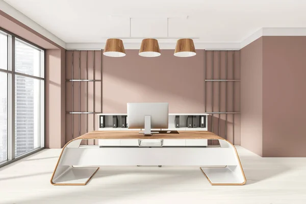 Head of company's office interior with table and desktop computer, shelf with folders, white armchairs. 3D rendering
