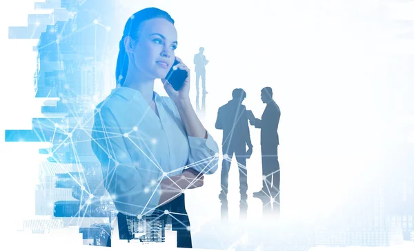 Office Woman White Shirt Talking Smartphone Business Partners Discussing Double — Stock Photo, Image