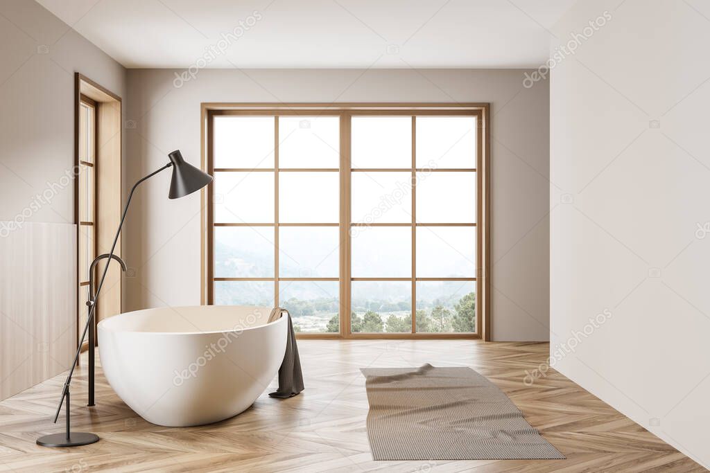 White bathroom interior with white tub and grey towel, parquet floor. Modern interior and window with countryside. Blank wall with copy space, 3D rendering no people