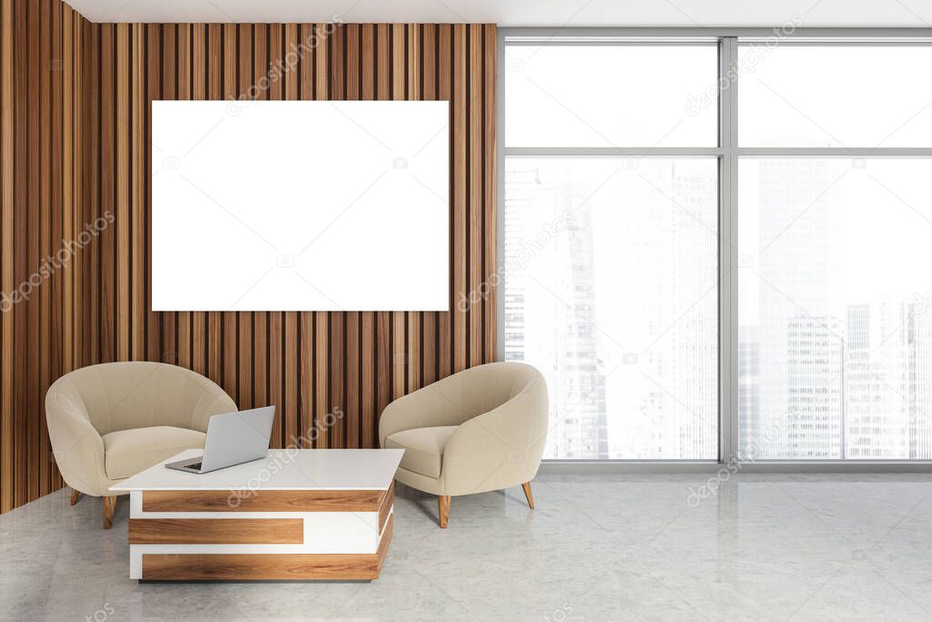 Empty waiting room interior. Two armchairs and table. Panoramic window. Hotel meeting area. Mock up poster on wall. 3d rendering