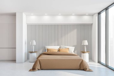 Yatak odası, yastıklar, beyaz beton zemin ve lambalı masalar. Model kopyalama alanı pencerenin yanındaki uyku odasında şık mobilyalar, 3 boyutlu görüntüleme