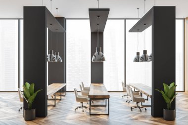 Çalışma odasının içini beyaz sandalyeler ve parke zeminde ahşap masalar, yan manzara, bitkiler ve gökdelenli pencereler ile açın. Modern ofis odası, 3 boyutlu, kimseyi göstermiyor.