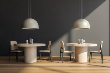 Halka açık kafede yemek odası, yuvarlak masalar ve parke zemininde sandalyeler, restoranın minimalist tasarımı. Modern mobilyaları olan şık yemek odası, 3 boyutlu, insan yok.
