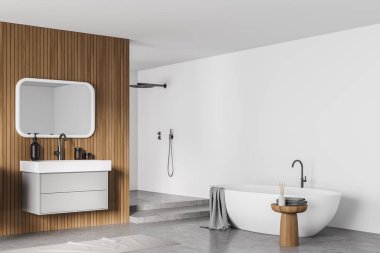 Banyo içinde küvet ve lavabo var. Beton zeminde ayna var. Modern mobilyaları ve duşu olan minimalist beyaz ve gri oda, yan görüş, 3D, kimseyi yansıtmıyor