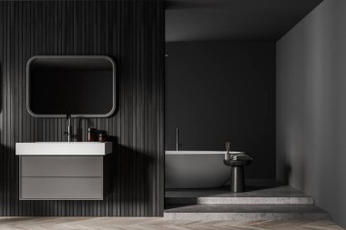 Küvetli banyo ve parke üzerinde ayna ve beton zeminde podyum olan lavabo. Minimalist gri oda, modern mobilyalar, ön manzara, 3D, kimseyi yansıtmıyor.