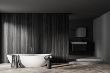 Banyonun içinde beyaz küvet ve parke zemininde banyo aksesuarları, köşesinde ayna olan lavabo. Gri oda, modern mobilyalar, ön manzara, 3 boyutlu, kimseyi göstermiyor.