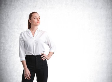 Ofis kadını patron, kendine güveni tam, eli belinde. Model fotokopi alanı boş duvarının yanında düşünceli ve ciddi bir yönetici, iş adamı kavramı