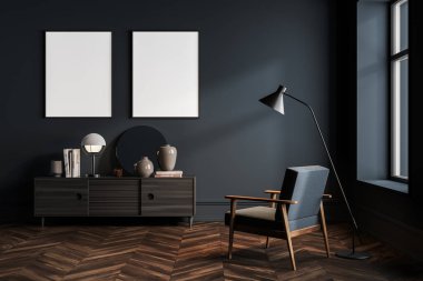 Modern oturma odası, parke zemininde koltuk, ahşap çekmecede dekorasyon. Ahşap zeminde minimalist okuma odası. Çadır bezi iki kare hizada, üç boyutlu biçimlendirme