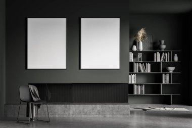 İçi gri koltuklu, battaniyeli karanlık oturma odası arka planda kitaplık şömineli minimalist sanat odası. İki boş fotokopi alanı tuvali, sanat odası, 3D görüntüleme