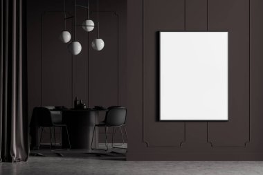 Beton zemin, mobilyalar, masa ve sandalyelerle modern yemek odası. Ev mimarisi konsepti. Karanlık duvarda bir poster bezi. Model yap. İnsan yok. 3d oluşturma