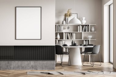 Gri sandalyeli bej oturma odası ve beyaz yemek masası, kitaplı kütüphane ve şömineli minimalist sanat odası. Boş maket kopyalama alanı tuvali, 3B görüntüleme