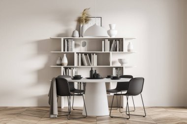 İçi siyah sandalyelerle dolu yemek odası bulaşıklı beyaz yuvarlak masa, kitaplı kütüphane rafı parke zemininde dekorasyon, beyaz duvar. 3B görüntüleme