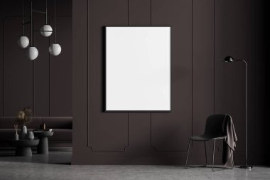 Modern oturma odası. Beton zemin, mobilyalar, masa, kanepe ve sandalye. Ev mimarisi konsepti. Karanlık duvarda bir poster bezi. Model yap. İnsan yok. 3d oluşturma