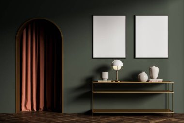 İçinde altın raflar, içinde lamba ve vazo olan kitaplar olan karanlık bir oturma odası. İki boş fotokopi odası çerçevesi, sanat odası ve perdeli kemer kapağı, üç boyutlu görüntüleme.