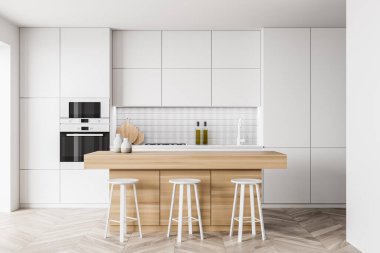 Açık mutfak odası, masa ve üç bar sandalyesi, ön manzara, ahşap zemin. Raflar, fırınlar ve mutfak gereçleri ile iç dekorasyon seti, 3D