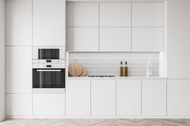 Hafif minimalist mutfak seti, aletler ve raflar, ön manzara. Fırını ve ocağı olan beyaz modern mutfak, ahşap zemin, 3 boyutlu, kimseyi yansıtmayan.