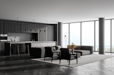 Ahşap zemin, mobilyalar, masa ve sandalyeler, yaşam alanının ortasında büyük bir kanepe, panoramik pencere. Yemek odası. Ev mimarisi konsepti. 3d oluşturma