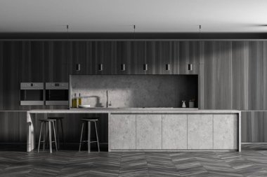 Ahşap zeminli, mobilyalı, masa ve sandalyeli modern mutfağın içi. Yemek ve yemek odası. Ev mimarisi konsepti. 3d oluşturma