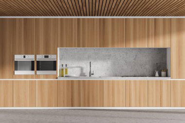 Ahşap tavanlı, mobilyalı modern mutfak. Büyük yemek pişirme alanı. Ev mimarisi konsepti. 3d oluşturma