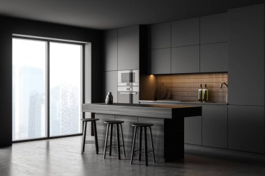 Masası ve üç bar sandalyesi olan karanlık mutfak odası, yan manzara, gri zemin. Yemek pişirme seti pencerenin yanındaki raflarla gökdelenler, fırınlar ve mutfak gereçleri, 3D görüntüleme