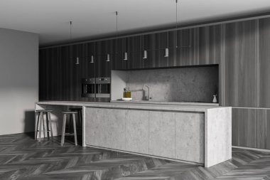 Ahşap zeminli, mobilyalı, masa ve sandalyeli modern mutfağın içi. Yemek ve yemek odası. Ev mimarisi konsepti. 3d oluşturma