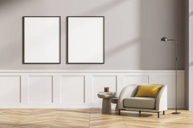 Ahşap zeminli, mobilyalı, masa ve koltuklu modern oturma odası. Ev mimarisi konsepti. Gri duvarda iki poster bezi var. Model yap. İnsan yok. 3d oluşturma