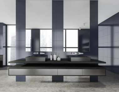 Modern şık otel banyosu, iki lavabosu ve aynası var. Duvarlarda döşeme, beton zemin. Panoramik pencere. Şehir manzaralı. 3d oluşturma