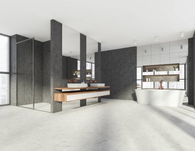 Modern şık otel banyosu, seramik banyo küveti, duş kabini ve aynalı iki lavabo. Beton zemin. Panoramik pencere. Ahşap dekor elementleri. Şehir manzaralı. 3d oluşturma