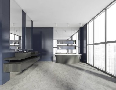 Modern şık otel banyosu, seramik banyo küveti ve aynalı iki lavabo. Duvarlarda döşeme, beton zemin. Panoramik pencere. Şehir manzaralı. 3d oluşturma
