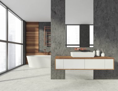 Modern şık otel banyosu, seramik banyo küveti ve ayna ile lavabo. Beton zemin. Ahşap dekor elementleri. Panoramik pencere. Şehir manzaralı. 3d oluşturma