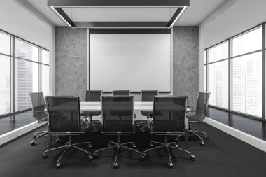 Ahşap toplantı odası. Siyah koltuklar, projeksiyon ekranı, siyah parke zemin. İş binasındaki ofis minimalist mobilyaları, şehir manzaralı pencereler, 3D görüntüleme