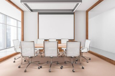 Açık konferans odası, beyaz koltuklar ve bej kattaki masa. Ofis minimalist mobilya ve projeksiyon ekranı gökdelen manzaralı, 3D görüntülü