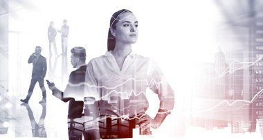 Çeşitli iş adamları birlikte çalışıyor. Gökdelenler, borsa dinamikleri, çizgi çizelgesi, çift pozlama. Finansal danışman kavramı. Ofis içi arka planda