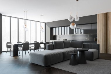 Ahşap zemin, mobilyalar, masa ve sandalyeler, yaşam alanının ortasında büyük bir kanepe, panoramik pencere. Yemek odası. Meşe parke. Ev mimarisi konsepti. 3d oluşturma