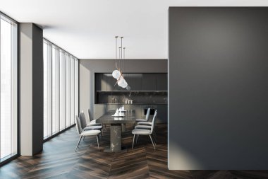 Boş gri duvar kopyalama alanı. Ahşap zemin, mobilya, masa, sandalye ve panoramik pencereli modern mutfak. Yemek odası. Meşe parke. Ev mimarisi konsepti. Modelleme. 3d oluşturma