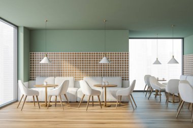 Halka açık yerlerde yemek odası, parke zemininde yuvarlak ahşap masalar, restoranın minimalist tasarımı. Gökdelenlere şehir manzaralı pencereler, 3D, kimseyi göstermiyor