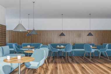 Halka açık yerlerde yemek odası, ahşap masalar ve parke zeminde bir sıra kanepe, restoranın minimalist tasarımı. Açık mavi boşluk, 3D, kimseyi oluşturmuyor