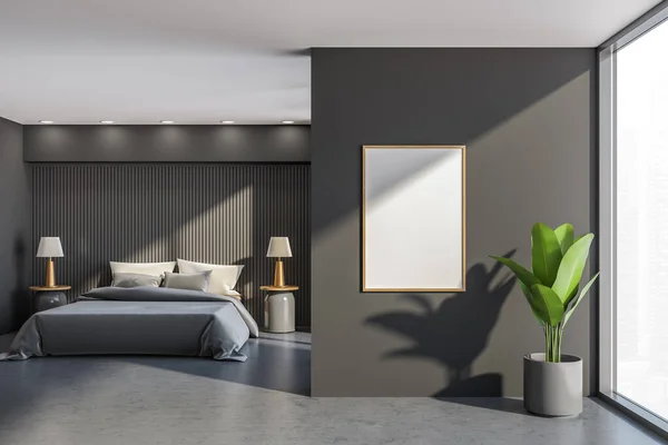 黑暗的卧室内部与床和枕头 混凝土地面和工厂靠近窗户 带时尚家具的卧室里的模拟复制空间框架 3D渲染 — 图库照片