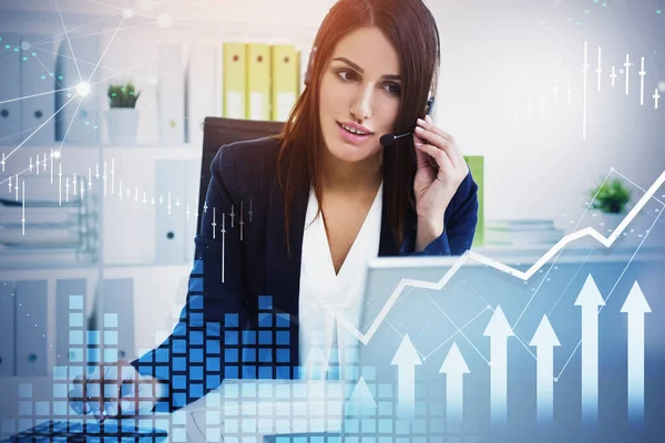 Attractive Brunette Businesswoman Stock Trader Analyzing Stock Graph Forecast Business — Stock Photo, Image