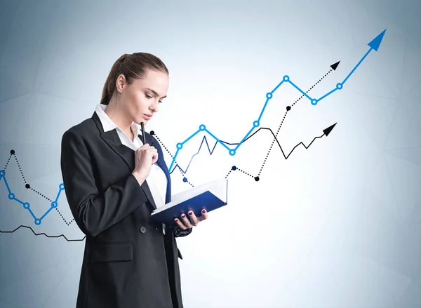 Attractive Young Businesswoman Suit Holding Notebook Pondering How Optimize Business — Stock Photo, Image