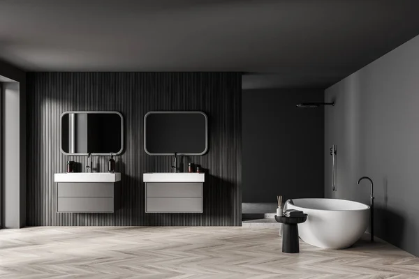 Salle Bain Intérieure Avec Baignoire Sur Parquet Deux Lavabos Séparés — Photo