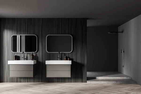 Bagno Grigio Elegante Interno Con Due Lavandini Separati Con Cassetti — Foto Stock