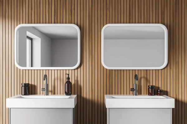 Lekkie Stylowe Wnętrze Łazienki Oddzielnymi Umywalkami Szufladami Butelkami Żelu Dwa — Zdjęcie stockowe
