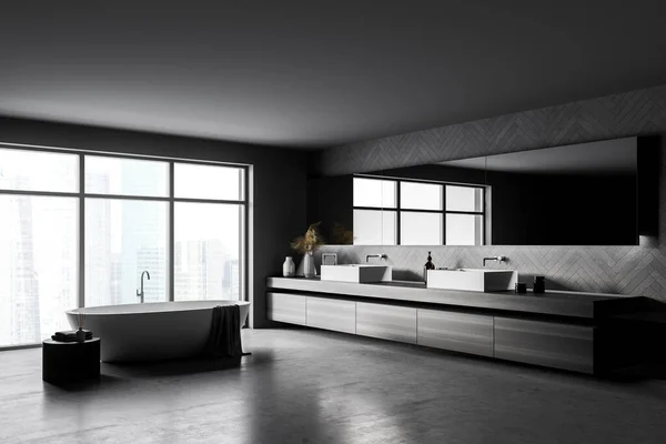 Interior Del Baño Gris Con Bañera Gris Toalla Dos Lavabos — Foto de Stock