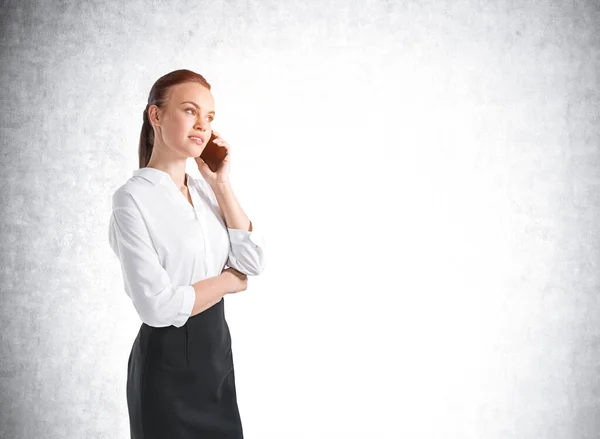 매력적 사업가인 여자는 통화를 하면서 회사의 판매를 촉진하기 어떻게 프로세스를 — 스톡 사진