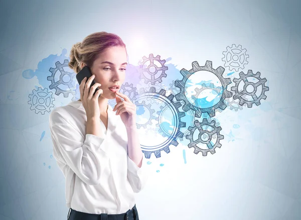 Office Woman White Shirt Using Smartphone Talking Pensive Blue Wall — Stock Photo, Image