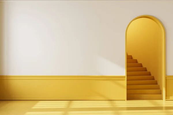 Sarı Zemin Kemer Kapılı Merdivenleri Olan Parlak Bir Apartman Dairesi — Stok fotoğraf